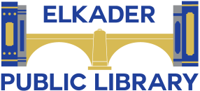 Elkader Public Library logo with image of the Keystone Bridge