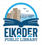 Elkader Public Library logo with image of the Keystone Bridge