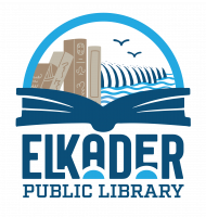 Elkader Public Library logo with image of the Keystone Bridge